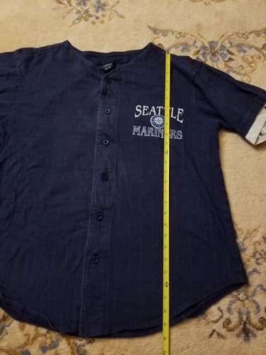 Vtg 90 Seattle Mariners Big Logo T-shirt Mens L Baseball MLB SALEM Button Jersey - Thumbnail 9