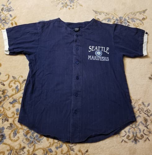 Vtg 90 Seattle Mariners Big Logo T-shirt Mens L Baseball MLB SALEM Button Jersey - Thumbnail 2