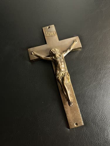 Vtg Catholic Crucifix Hanging Cross INRI Heavy Metal 12” Tall Bronze Color Jesus - Image 1