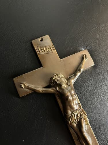 Vtg Catholic Crucifix Hanging Cross INRI Heavy Metal 12” Tall Bronze Color Jesus - Thumbnail 2