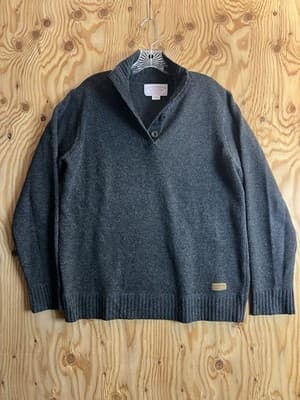 VTG CC Filson Lambswool Sweater Mens L 1/4 Button Up Ash Grey Shawl Leather Logo - Image 1