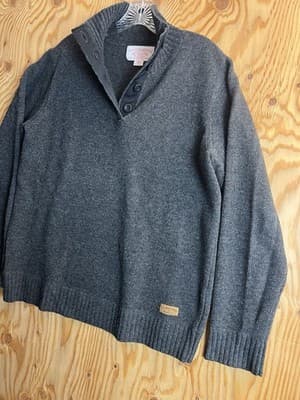 VTG CC Filson Lambswool Sweater Mens L 1/4 Button Up Ash Grey Shawl Leather Logo - Thumbnail 2