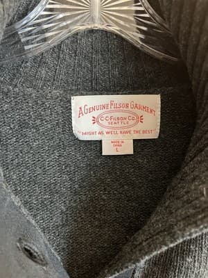 VTG CC Filson Lambswool Sweater Mens L 1/4 Button Up Ash Grey Shawl Leather Logo - Thumbnail 3