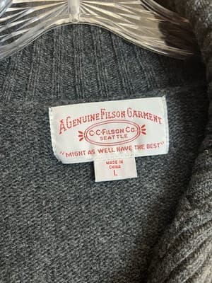 VTG CC Filson Lambswool Sweater Mens L 1/4 Button Up Ash Grey Shawl Leather Logo - Thumbnail 4
