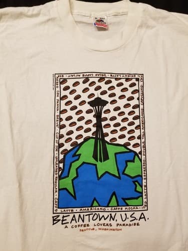 Vtg 90s Seattle Beantown Coffee Lovers Paradise Space Needle XL T-Shirt Barista - Thumbnail 2