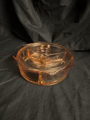 VTG Pink Depression Glass Candy Nut Relish Divided Starburst Dish W/Lid 1930s - Image 1