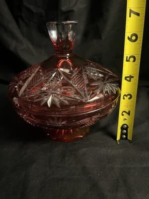 VTG Geometric Cut Crystal Candy Bowl Lid Clear/ Cranberry Ruby Red Glass Star - Thumbnail 7