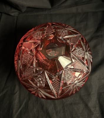 VTG Geometric Cut Crystal Candy Bowl Lid Clear/ Cranberry Ruby Red Glass Star - Thumbnail 3