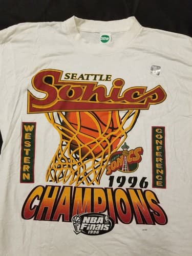 RARE Vtg 1996 NBA Finals Seattle Sonics Champions SBW T Shirt Large L Western - Thumbnail 2