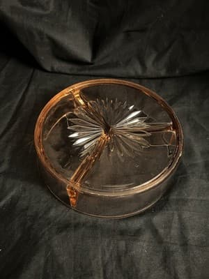 VTG Pink Depression Glass Candy Nut Relish Divided Starburst Dish W/Lid 1930s - Thumbnail 6