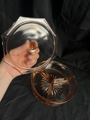 VTG Pink Depression Glass Candy Nut Relish Divided Starburst Dish W/Lid 1930s - Thumbnail 3