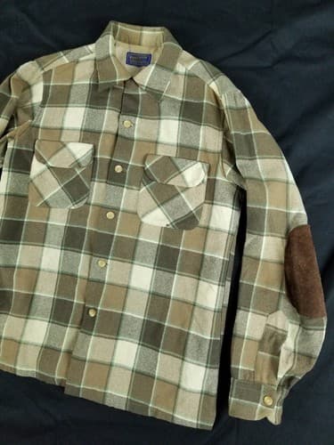 Vtg 70’s Pendleton Board Shirt Men’s M Plaid Loop Collar USA Suede Elbow Brown - Thumbnail 4