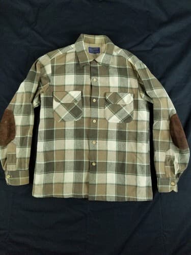 Vtg 70’s Pendleton Board Shirt Men’s M Plaid Loop Collar USA Suede Elbow Brown - Image 1