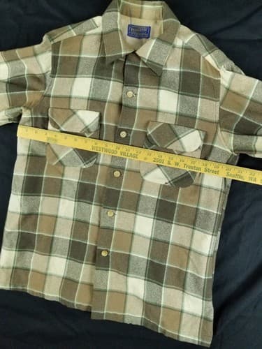 Vtg 70’s Pendleton Board Shirt Men’s M Plaid Loop Collar USA Suede Elbow Brown - Thumbnail 13
