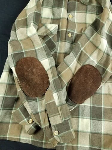 Vtg 70’s Pendleton Board Shirt Men’s M Plaid Loop Collar USA Suede Elbow Brown - Thumbnail 11