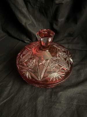 VTG Geometric Cut Crystal Candy Bowl Lid Clear/ Cranberry Ruby Red Glass Star - Thumbnail 2
