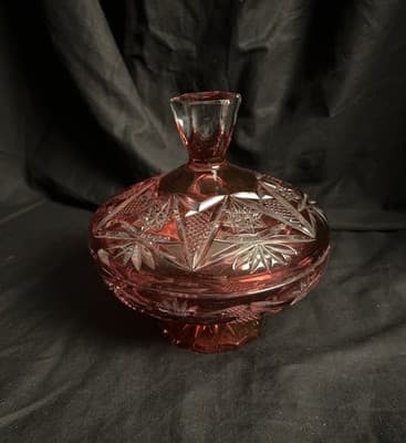 VTG Geometric Cut Crystal Candy Bowl Lid Clear/ Cranberry Ruby Red Glass Star - Image 1