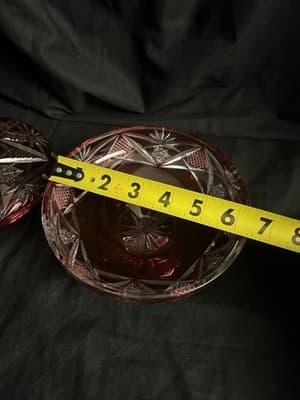 VTG Geometric Cut Crystal Candy Bowl Lid Clear/ Cranberry Ruby Red Glass Star - Thumbnail 6
