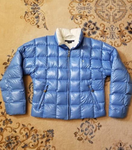 Vintage 90s Ralph Lauren Sport Quilted Puffer Down Jacket Size M Baby Blue Polo - Image 1