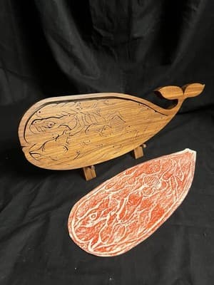 Handmade Wood Puzzle Jonah Whale Fish Puzzle + Stand Figure Local Artist Jigsaw - Image 1
