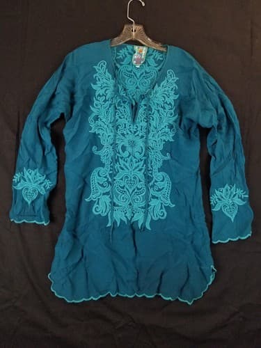 Johnny Was Tania Tunic Blue Boho Hippie Embroidered Long Blouse Top Womens XS - Image 1
