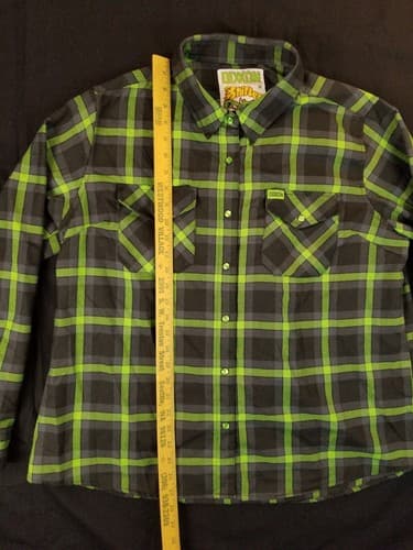DIXXON “The SHIFTER” FLANNEL Womens 2X Snap Button Shirt Rat Fink Green Flannel - Thumbnail 7