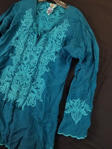 Johnny Was Tania Tunic Blue Boho Hippie Embroidered Long Blouse Top Womens XS - Thumbnail 2