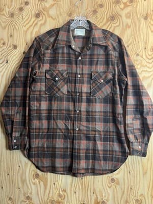 VTG 70s Pendleton Mens L Shirt Wool High Grade Western Wear Pearl Snap Brown Red - Image 1