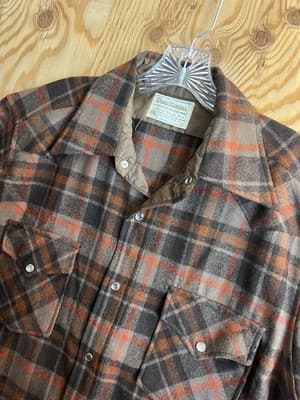 VTG 70s Pendleton Mens L Shirt Wool High Grade Western Wear Pearl Snap Brown Red - Thumbnail 2