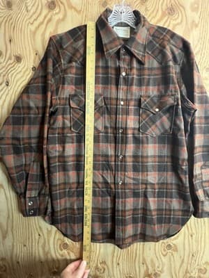 VTG 70s Pendleton Mens L Shirt Wool High Grade Western Wear Pearl Snap Brown Red - Thumbnail 8