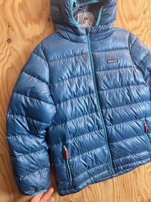 Patagonia Hi-Loft Down Sweater Hoody Kids Boys L 12 Blue Full Zip Jacket *READ - Thumbnail 3