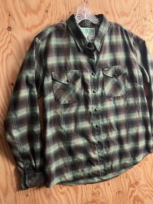 Dixxon Shirt Womens XL Green Black Plaid Snap Flannel Stay Gravity Grounded GC - Thumbnail 3