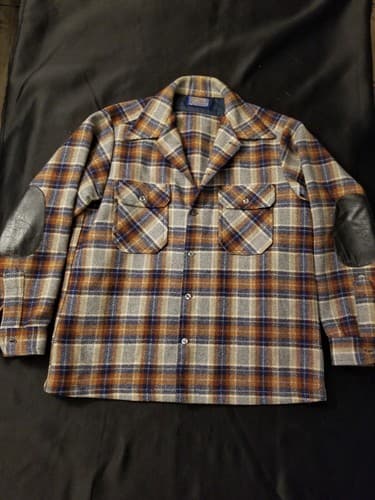 Vtg Pendleton Wool Cruiser Heavy Shirt Jacket Plaid Mens L Rare Leather Elbow - Image 1