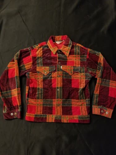 RARE 1970s Vintage Levis Bedford Corduroy Shirt Jacket Womens Small 18 Red Plaid - Image 1