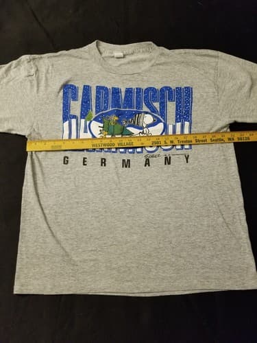 Vtg Peanuts Snoopy Germany Garmisch Short Sleeve Tee XL Rare Snow Tree Sled Grey - Thumbnail 7