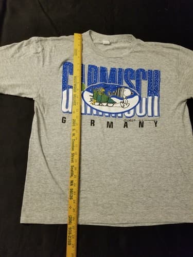 Vtg Peanuts Snoopy Germany Garmisch Short Sleeve Tee XL Rare Snow Tree Sled Grey - Thumbnail 6