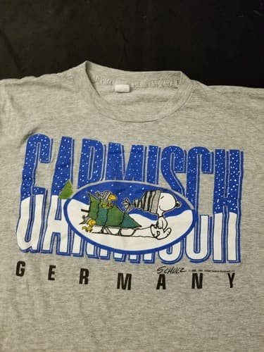 Vtg Peanuts Snoopy Germany Garmisch Short Sleeve Tee XL Rare Snow Tree Sled Grey - Thumbnail 2