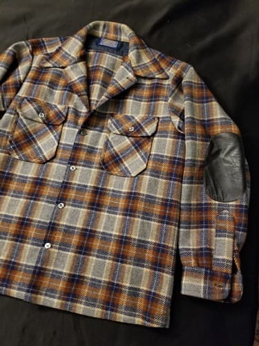 Vtg Pendleton Wool Cruiser Heavy Shirt Jacket Plaid Mens L Rare Leather Elbow - Thumbnail 2