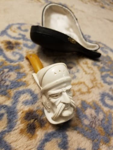 RARE Meerschaum Pipe Viking Mustache Man Head Hand Carved Turkey Tobacco White - Image 1