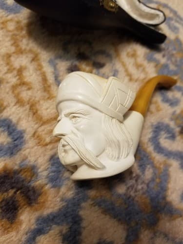 RARE Meerschaum Pipe Viking Mustache Man Head Hand Carved Turkey Tobacco White - Thumbnail 3