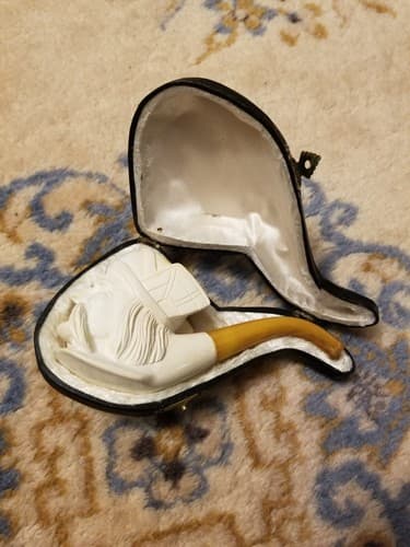 RARE Meerschaum Pipe Viking Mustache Man Head Hand Carved Turkey Tobacco White - Thumbnail 14