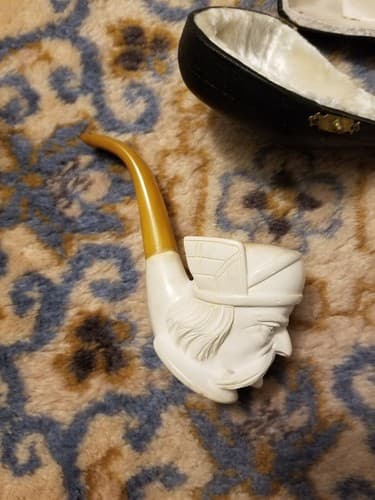 RARE Meerschaum Pipe Viking Mustache Man Head Hand Carved Turkey Tobacco White - Thumbnail 7