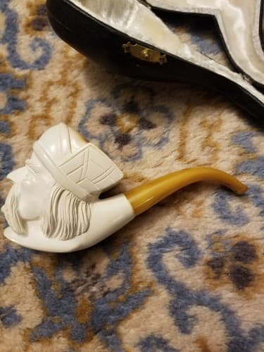 RARE Meerschaum Pipe Viking Mustache Man Head Hand Carved Turkey Tobacco White - Thumbnail 4