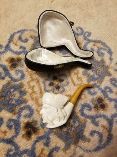 RARE Meerschaum Pipe Viking Mustache Man Head Hand Carved Turkey Tobacco White - Thumbnail 2