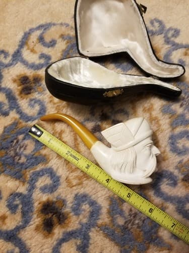 RARE Meerschaum Pipe Viking Mustache Man Head Hand Carved Turkey Tobacco White - Thumbnail 12
