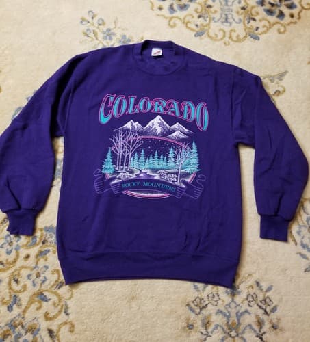 Vtg 90s Colorado Rocky Mountains Retro Mens L Sweatshirt Purple Sweater USA Crew