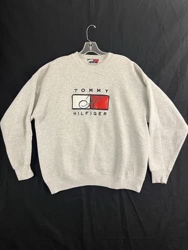 Vintage Vtg Tommy Hilfiger Big Box Leather Spell Out Sweatshirt Mens XL Heather - Image 1
