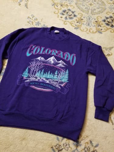 Vtg 90s Colorado Rocky Mountains Retro Mens L Sweatshirt Purple Sweater USA Crew - Thumbnail 2