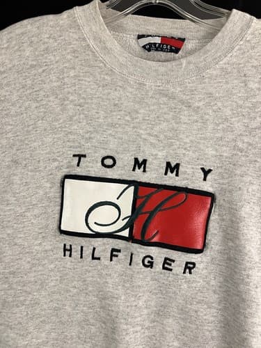 Vintage Vtg Tommy Hilfiger Big Box Leather Spell Out Sweatshirt Mens XL Heather - Thumbnail 2