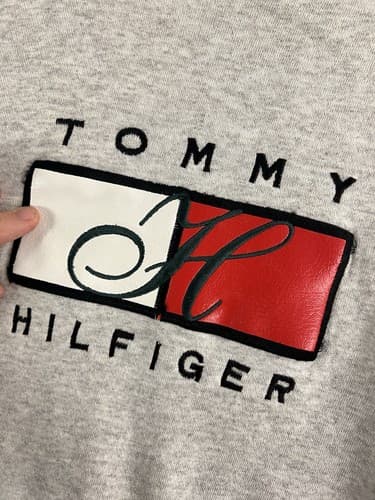 Vintage Vtg Tommy Hilfiger Big Box Leather Spell Out Sweatshirt Mens XL Heather - Thumbnail 5